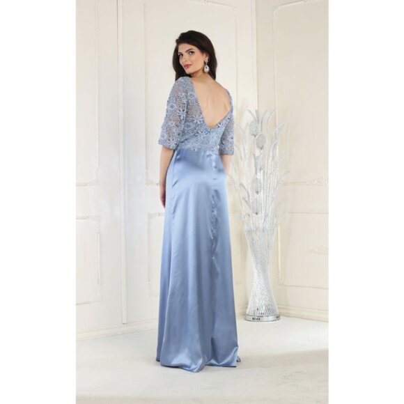 Dusty Blue Formal Long Bateau Neck  3/4 Sleeve Sheath Dress By May Queen MQ1969 - Picture 2 of 3